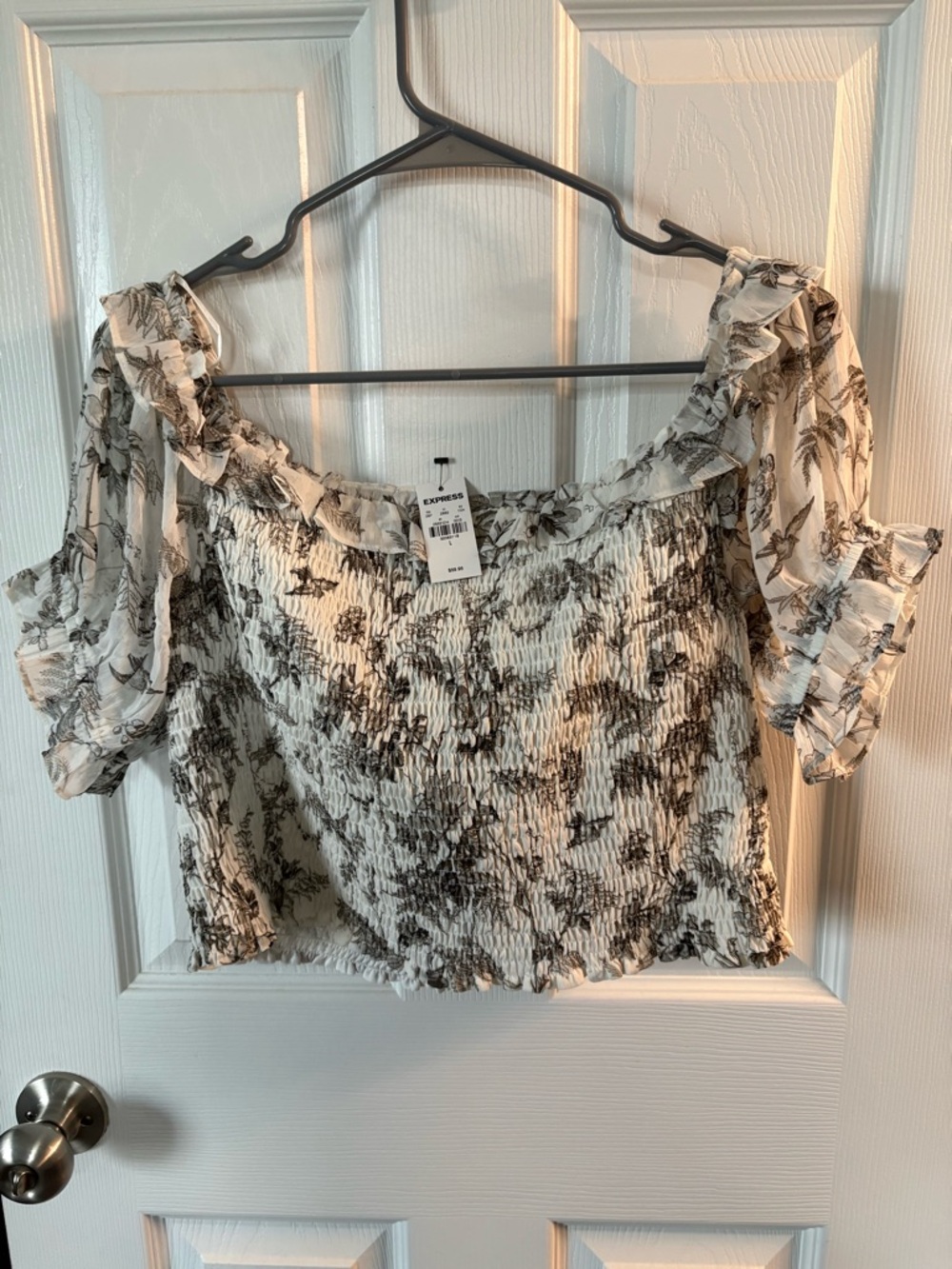 Express Black and White Floral Smocked Off-Shoulder Crop Top